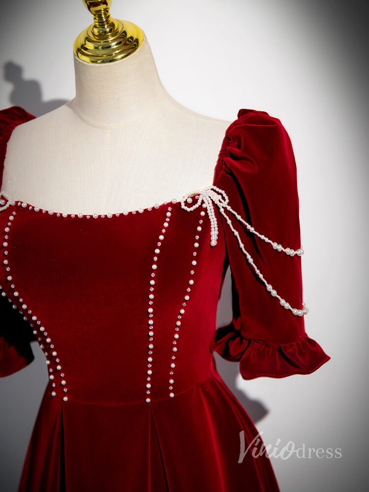 Burgundy Velvet Puffed Sleeve Prom Dresses Pearl String Square Neck 90036-prom dresses 2025 -Viniodress-Burgundy-Custom Size-