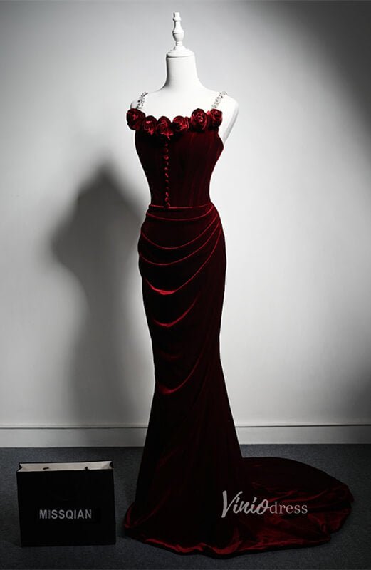 Burgundy Velvet Rosette Prom Dresses Mermaid Spaghetti Strap Formal Dress AD1215-prom dresses 2025 -Viniodress-Burgundy-Custom Size-