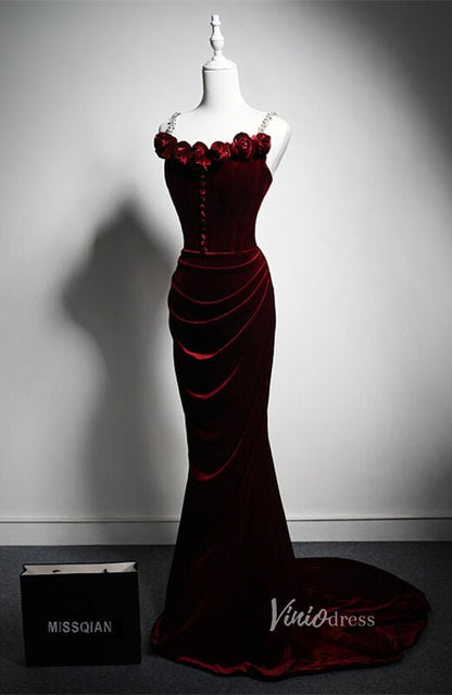 Burgundy Velvet Rosette Prom Dresses Mermaid Spaghetti Strap Formal Dress AD1215-prom dresses 2025 -Viniodress-Burgundy-Custom Size-