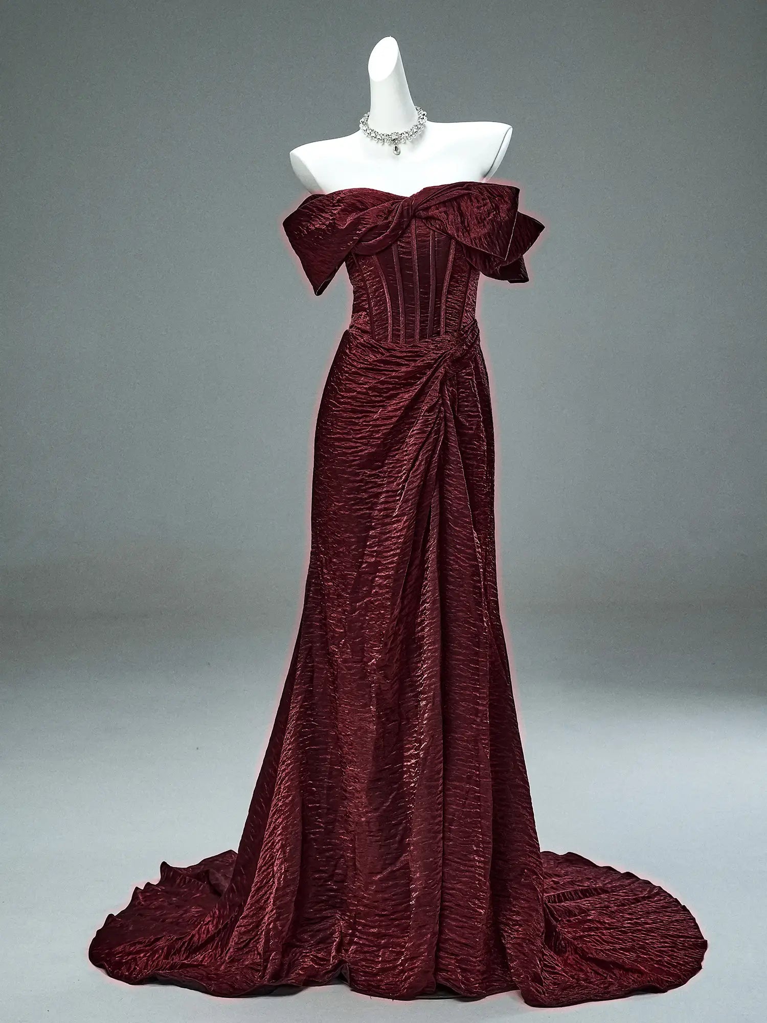 Burgundy Wrinkle Satin Prom Dresses with Bow, Boned Bodice & Corset Back - CQ0118-Couture Gown 2025 -Viniodress-Burgundy-Custom Size-