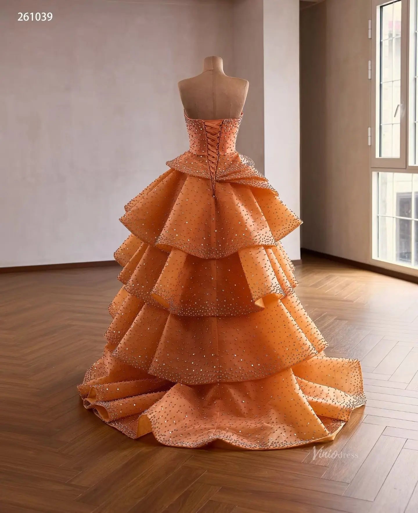 Burnt Orange Quinceanera Dress Crystal Beaded Tiered Ruffle Skirt – Viniodress