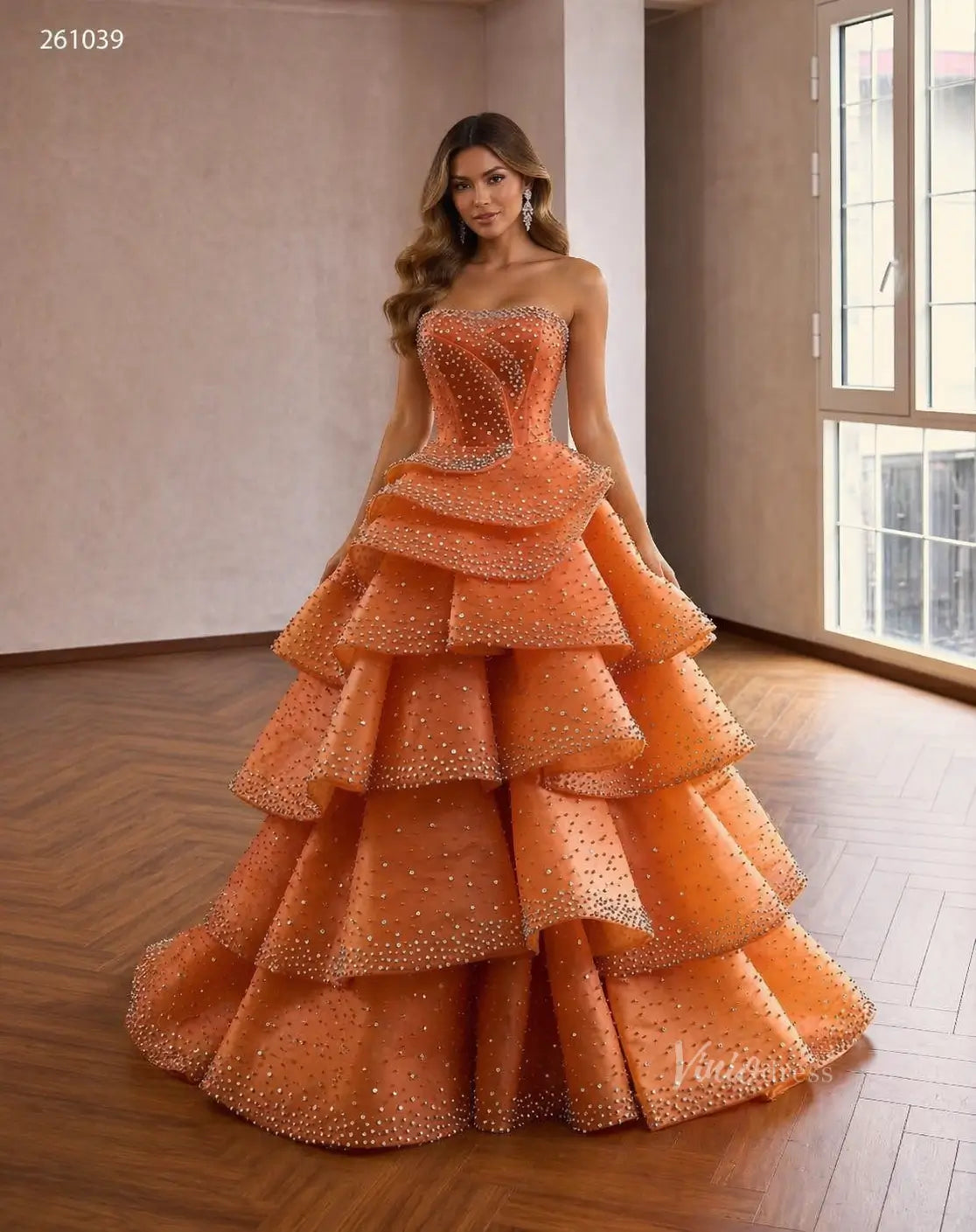 burnt orange ruffle dress VENUS Tiered Mini | back vibe Burnt Orange Quinceanera Dress Crystal