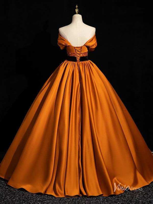 Burnt Orange Satin Prom Dresses with Black Belt Off the Shoulder Quinc – Viniodress
