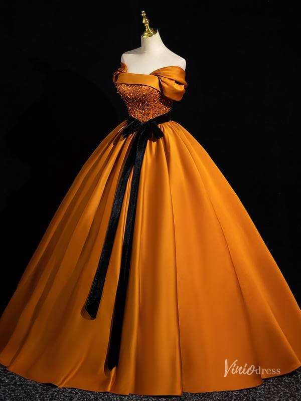 Burnt Orange Satin Prom Dresses with Black Belt Off the Shoulder Quinceanera Dresses BG044