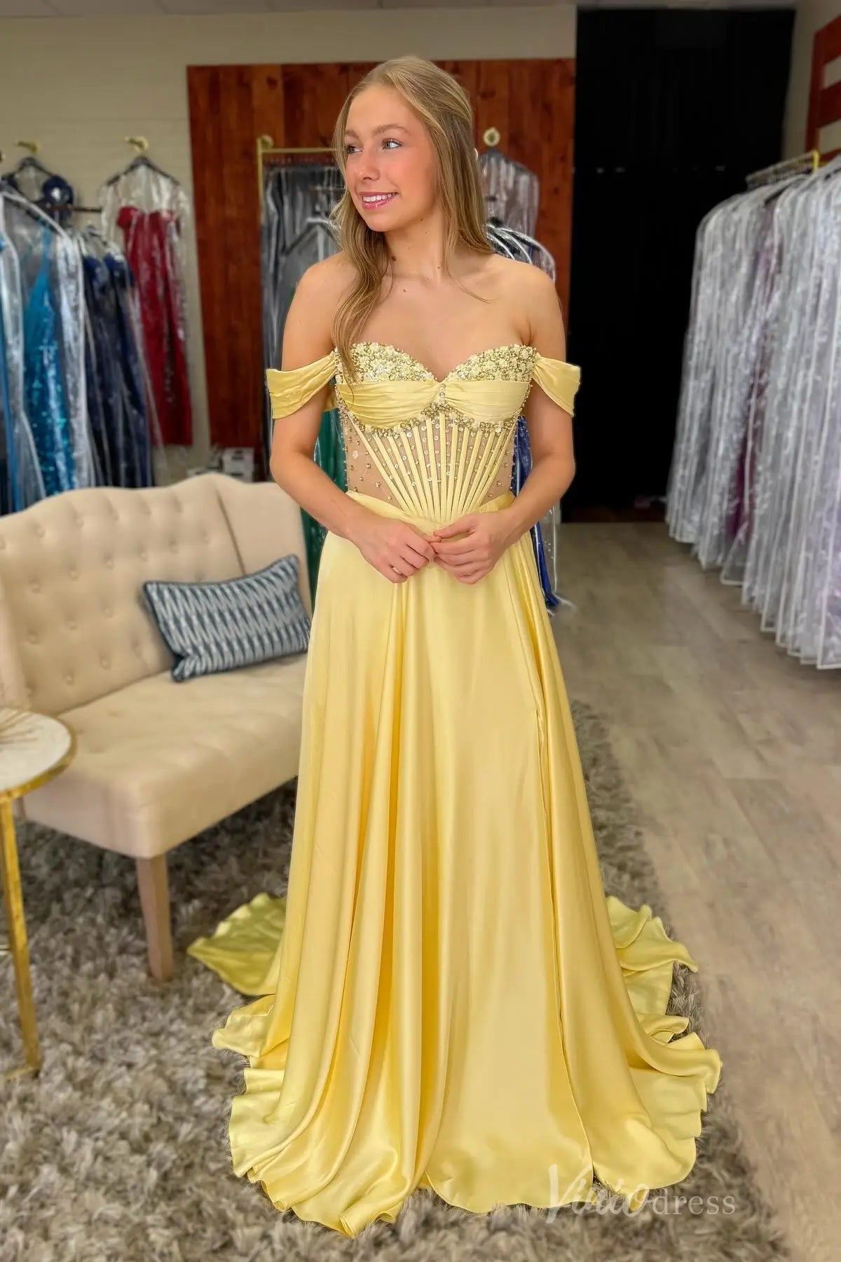 Butter Yellow Off-Shoulder Prom Dress with Beaded Bodice and Satin Skirt – AS008 – Viniodress