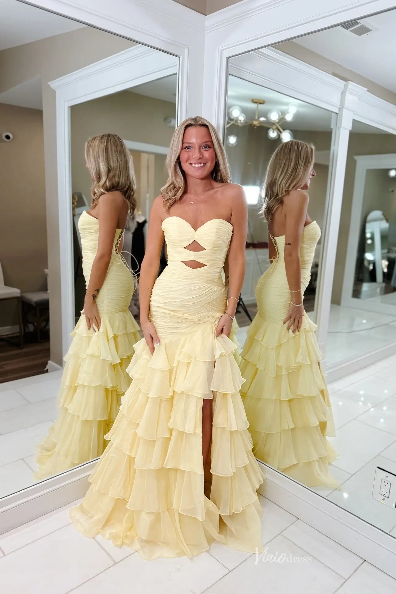Butter Yellow Strapless Ruffled Mermaid Prom Dress with Cutout Bodice & Slit RF167