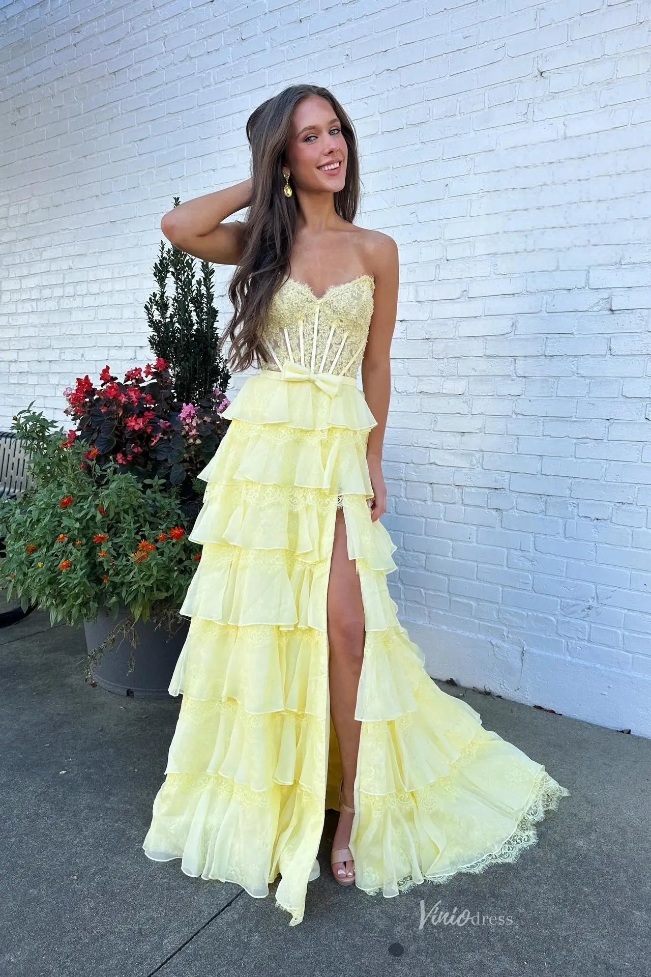 Butter Yellow Strapless Tiered Prom Dresses with Lace Corset Bodice and Slit RF323