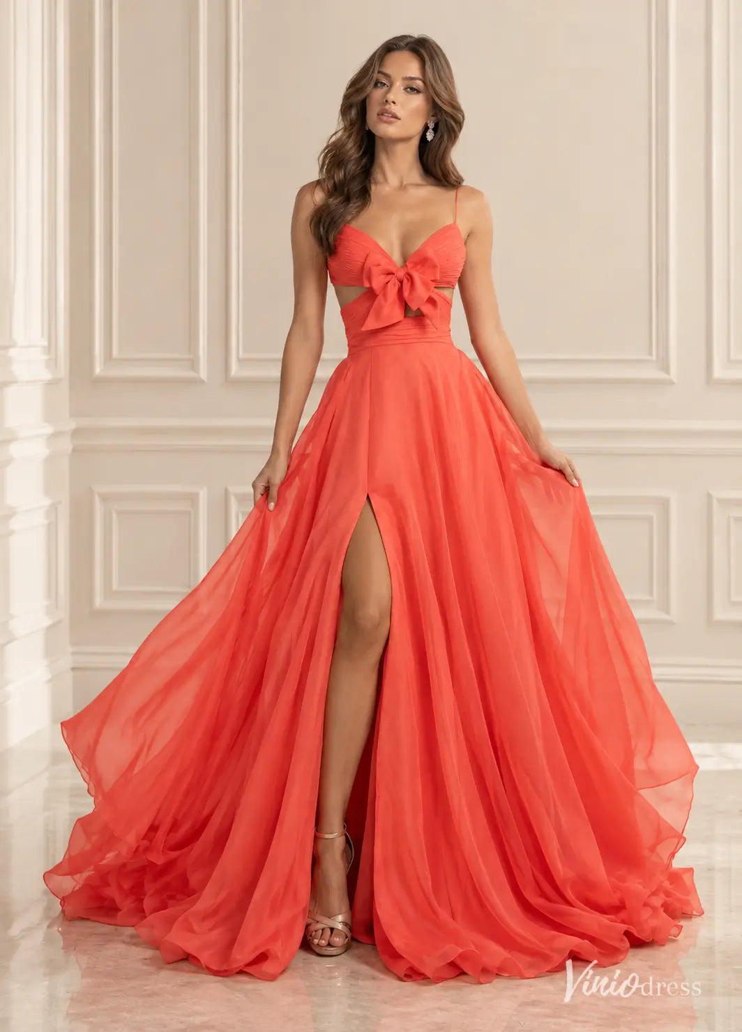 Coral Chiffon Prom Dresses with Bow Cutout Bodice, Spaghetti Straps & High Slit CH010