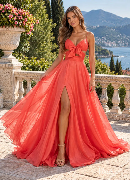 Coral Chiffon Prom Dresses with Bow Cutout Bodice, Spaghetti Straps & High Slit CH010