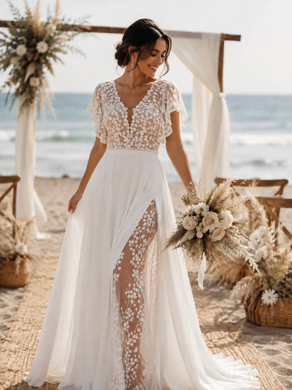 Boho Chiffon Beach Wedding Dresses with Floral Lace Bodice & Flutter Sleeves CN028