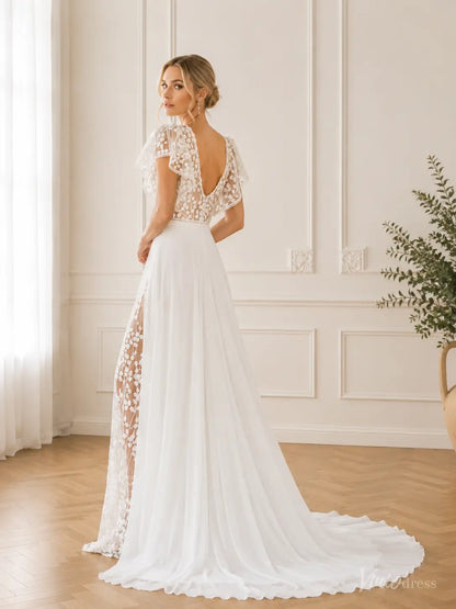 Boho Chiffon Beach Wedding Dresses with Floral Lace Bodice & Flutter Sleeves CN028