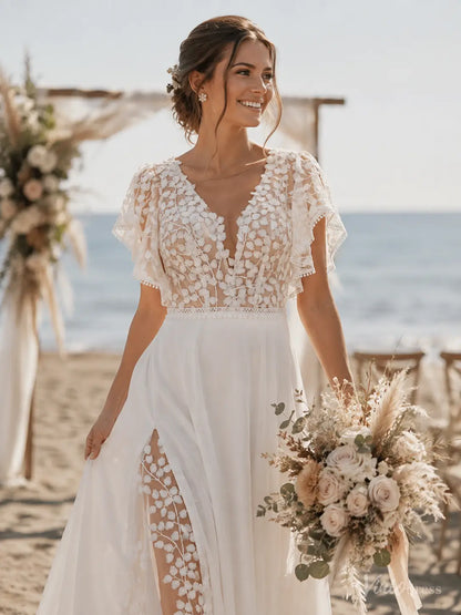Boho Chiffon Beach Wedding Dresses with Floral Lace Bodice & Flutter Sleeves CN028