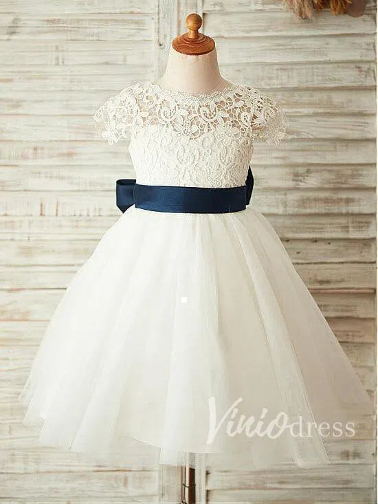 Cap Sleeve Cheap Flower Girl Dresses Navy Sash GL1015-flower girl dresses-Viniodress-Ivory-Custom Size-Viniodress