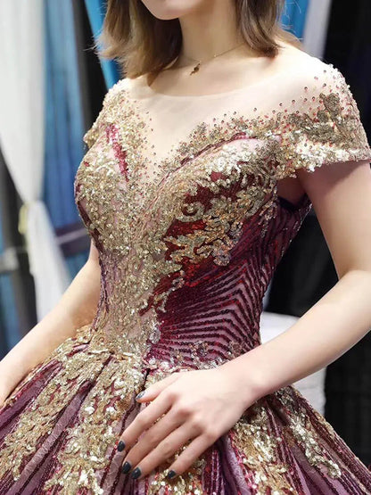 Cap Sleeve Dark Green Ball Gowns Sparkly Sequin Wedding Dress 66754 viniodress-prom dresses 2025 -Viniodress-Emerald Green-Custom Size-