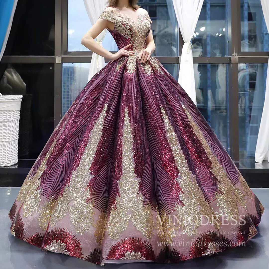 Cap Sleeve Dark Green Ball Gowns Sparkly Sequin Wedding Dress 66754 viniodress-prom dresses 2025 -Viniodress-Emerald Green-Custom Size-