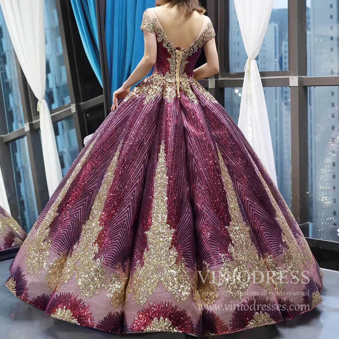 Cap Sleeve Dark Green Ball Gowns Sparkly Sequin Wedding Dress 66754 viniodress-prom dresses 2025 -Viniodress-Emerald Green-Custom Size-