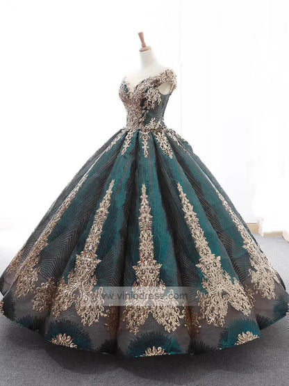 Cap Sleeve Dark Green Ball Gowns Sparkly Sequin Wedding Dress 66754 viniodress-prom dresses 2025 -Viniodress-Emerald Green-Custom Size-