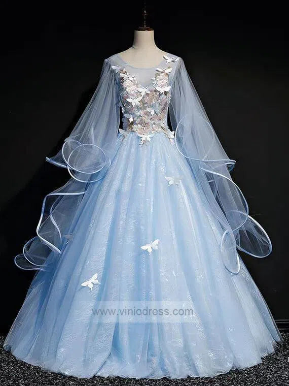 Cape Sleeve Light Blue Ball Gown Prom Dresses Long FD1041-prom dresses-Viniodress-Light Blue-Custom Size-Viniodress