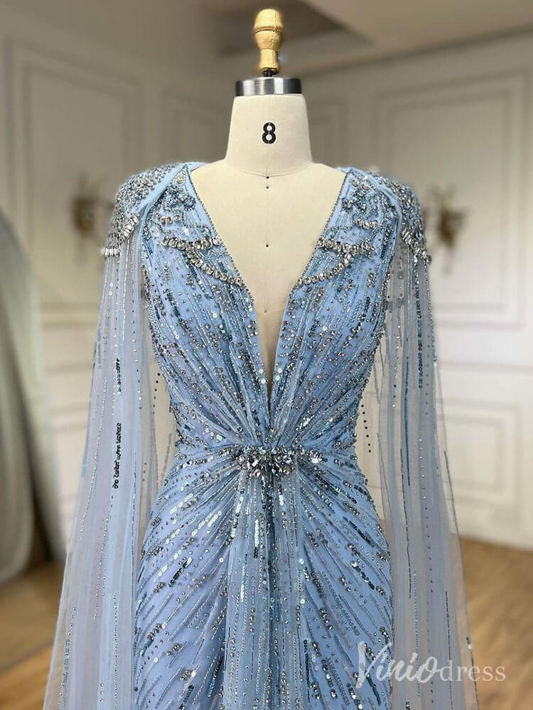 Cape Sleeve Prom Dresses Beaded V-Neck Wedding Guest Dress AD1258 – Viniodress