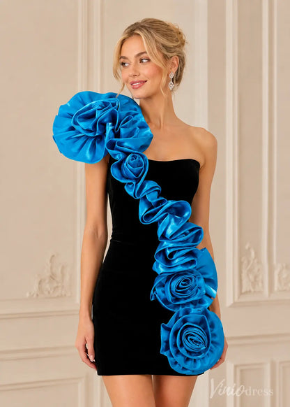 Black strapless velvet mini dress with a cascading turquoise satin floral appliqué.
