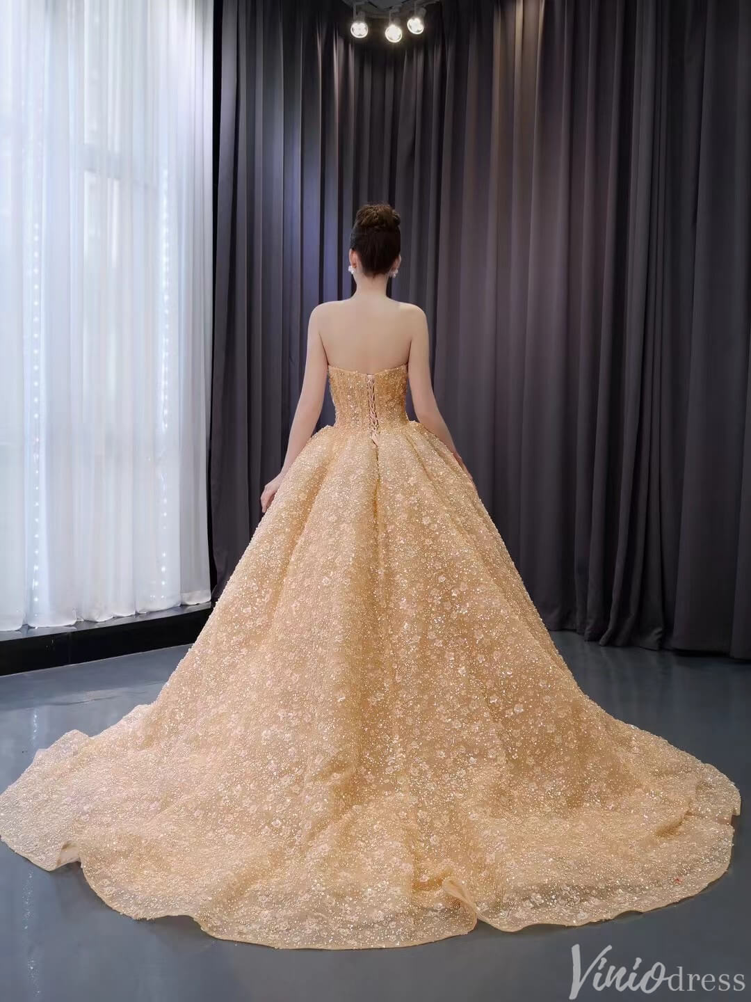Champagne Beaded Floral Lace Wedding Gown Strapless Quinceanera Dress 241036-Quinceanera Dresses 2025 -Viniodress-Champagne-Custom Size-
