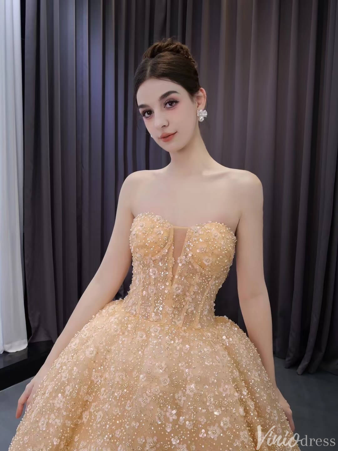 Champagne Beaded Floral Lace Wedding Gown Strapless Quinceanera Dress 241036-Quinceanera Dresses 2025 -Viniodress-Champagne-Custom Size-