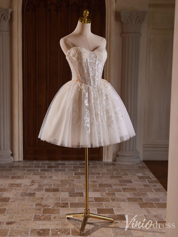 Champagne Beaded Lace Homecoming Dresses Strapless Short Prom Dress BJ040-prom dresses 2025 -Viniodress-Champagne-Custom Size-