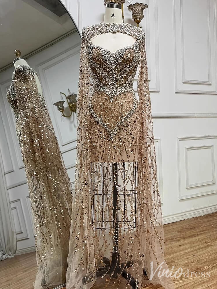 Champagne Beaded Lace Mermaid Prom Dresses Sheer Cape Sleeve Pageant D – Viniodress