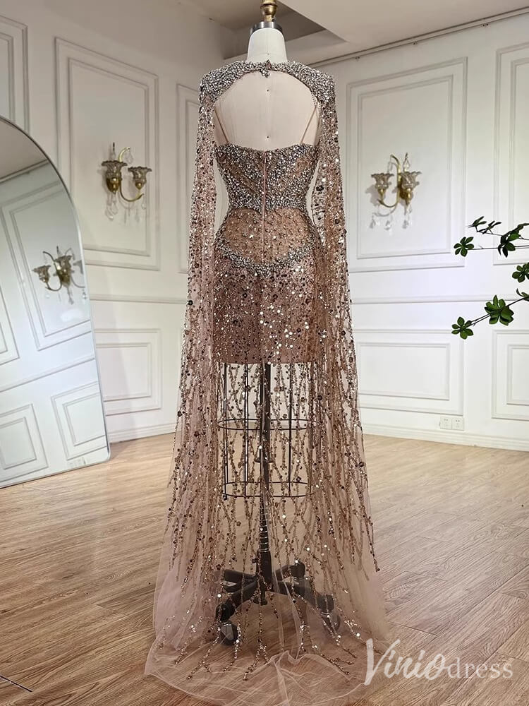 Champagne Beaded Lace Mermaid Prom Dresses Sheer Cape Sleeve Pageant Dress 20212
