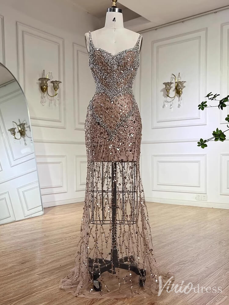 Champagne Beaded Lace Mermaid Prom Dresses Sheer Cape Sleeve Pageant D – Viniodress