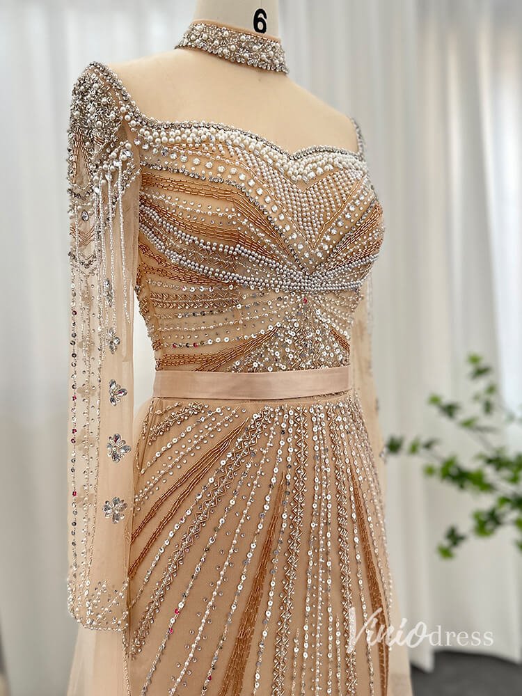 Champagne Beaded Mermaid Evening Dresses with Overskirt Long Sleeve Pa – Viniodress