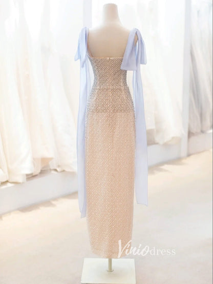 Champagne Beaded Prom Dresses Tea-Length Spaghetti Strap Evening Dress FD3438-prom dresses 2025 -Viniodress-Champagne-Custom Size-