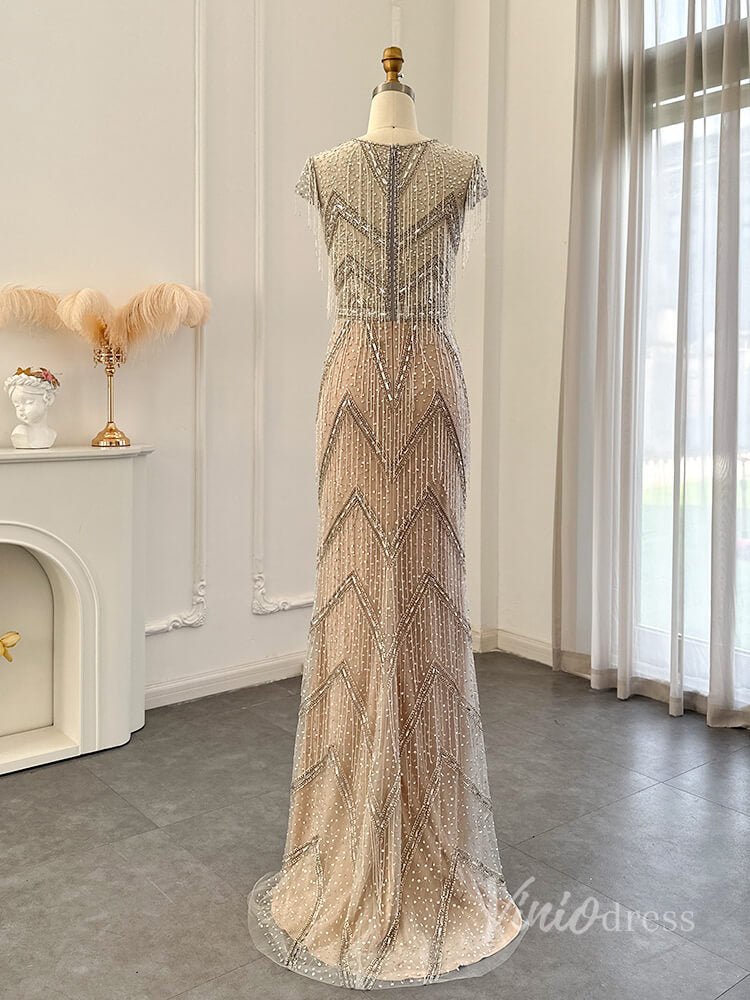 Champagne Beaded String Prom Dresses Sheath V-Neck Pageant Dress AD1192-Evening Dresses 2025 -Viniodress-Champagne-US 2-