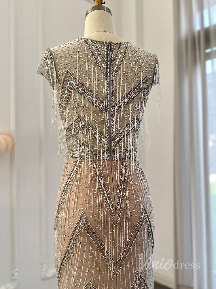 Champagne Beaded String Prom Dresses Sheath V-Neck Pageant Dress AD1192-Evening Dresses 2025 -Viniodress-Champagne-US 2-
