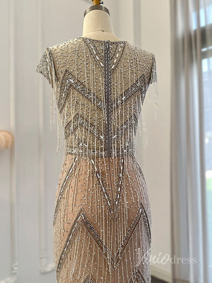 Champagne Beaded String Prom Dresses Sheath V-Neck Pageant Dress AD1192-Evening Dresses 2025 -Viniodress-Champagne-US 2-