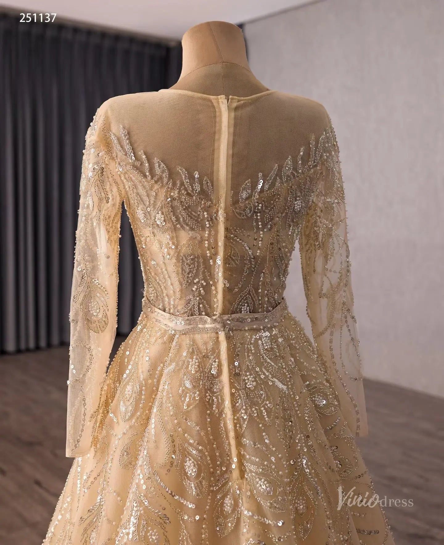 Champagne Beaded Long Sleeve Wedding Dress with Overskirt – 251137 – Viniodress