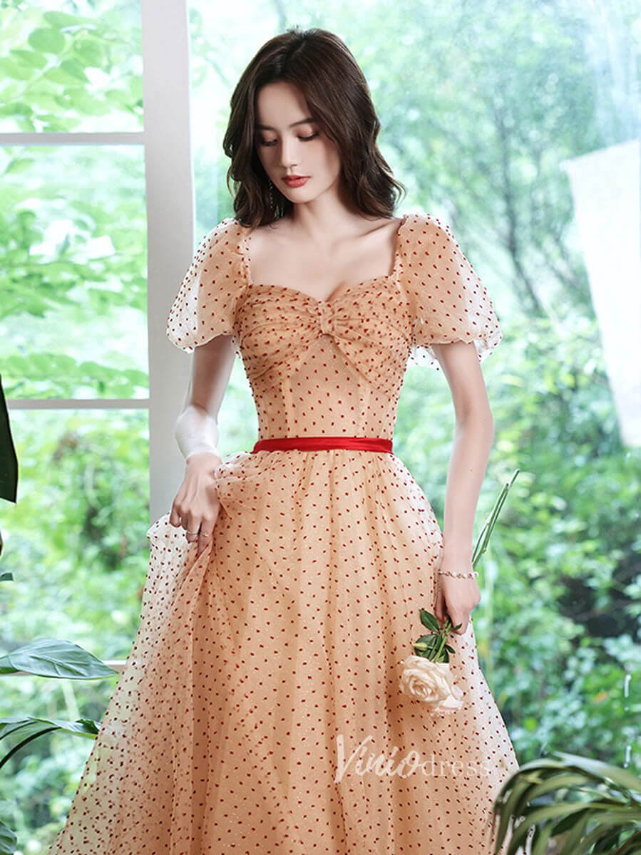 Champagne Dotted Tulle Prom Dresses Off the Shoulder Evening Dress FD3187B-prom dresses 2025 -Viniodress-Champagne-Custom Size-