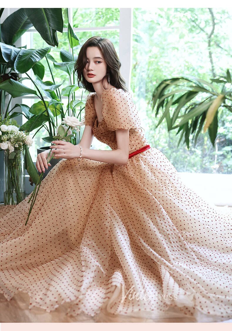 Champagne Dotted Tulle Prom Dresses Off the Shoulder Evening Dress FD3187B-prom dresses 2025 -Viniodress-Champagne-Custom Size-