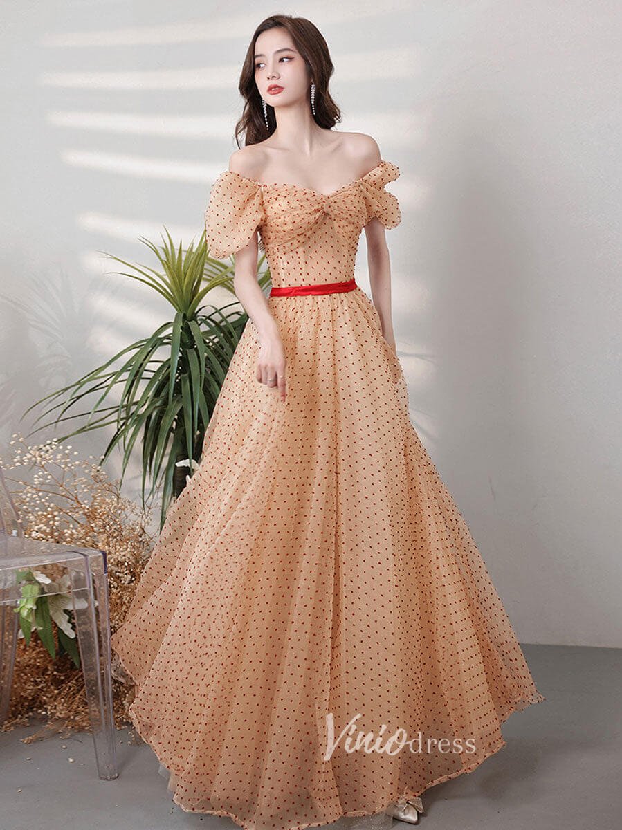Champagne Dotted Tulle Prom Dresses Off the Shoulder Evening Dress FD3187B-prom dresses 2025 -Viniodress-Champagne-Custom Size-