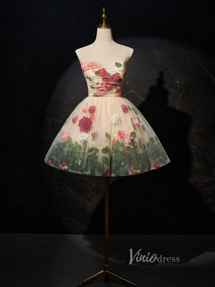 Champagne Floral Blossom Homecoming Dresses Short Rosette Dress BJ016-prom dresses 2025 -Viniodress-Champagne-Custom Size-
