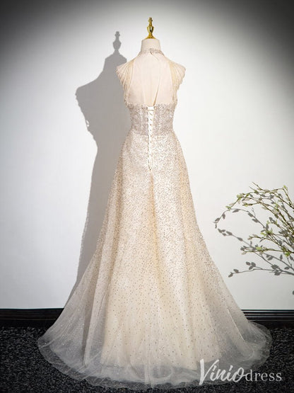 Champagne Halter Neck Prom Dresses Pearl String Evening Dress AD1347-prom dresses 2025 -Viniodress-Champagne-Custom Size-