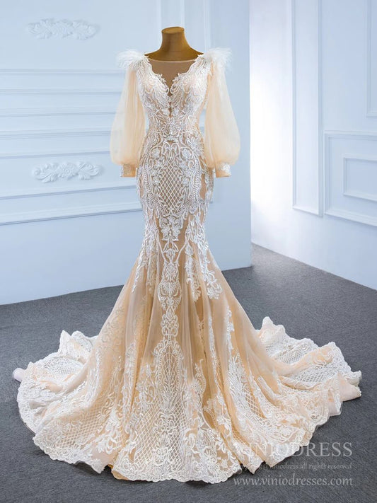 Champagne Mermaid Lace Wedding Dresses with Long Puff Sleeves VW1806-wedding dresses 2025 -Viniodress-Champagne-Custom Size-