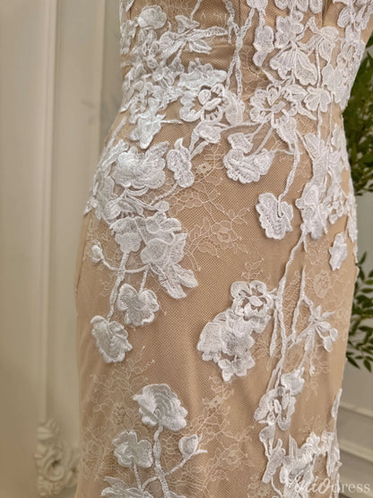 Champagne Mermaid Wedding Dress | Lace & Tulle Gown with Floral Appliqués, Corset Back VW1534-wedding dresses 2025 -Viniodress-Champagne-Custom Size-