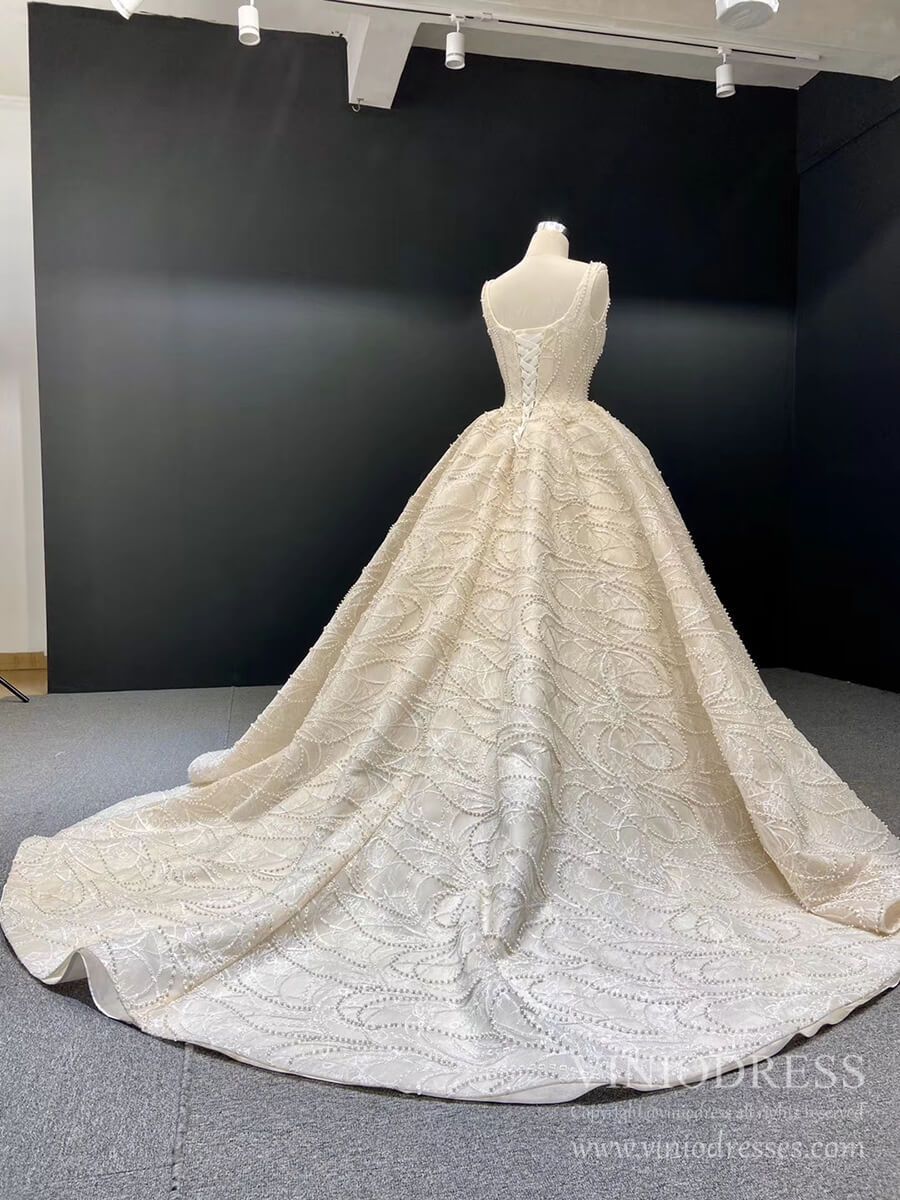 Champagne Pearl Embroidery Lace Wedding Dresses Square Neck Ball Gown VW1650-wedding dresses 2025 -Viniodress-Champagne-Custom Size-