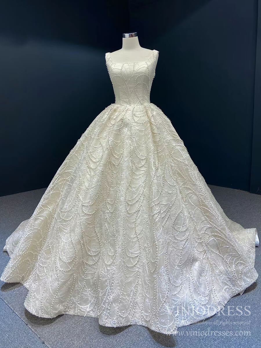 Champagne Pearl Embroidery Lace Wedding Dresses Square Neck Ball Gown VW1650-wedding dresses 2025 -Viniodress-Champagne-Custom Size-