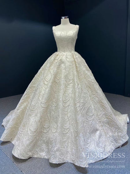 Champagne Pearl Embroidery Lace Wedding Dresses Square Neck Ball Gown VW1650-wedding dresses 2025 -Viniodress-Champagne-Custom Size-