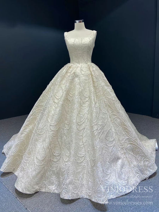 Champagne Pearl Embroidery Lace Wedding Dresses Square Neck Ball Gown VW1650-wedding dresses 2025 -Viniodress-Champagne-Custom Size-