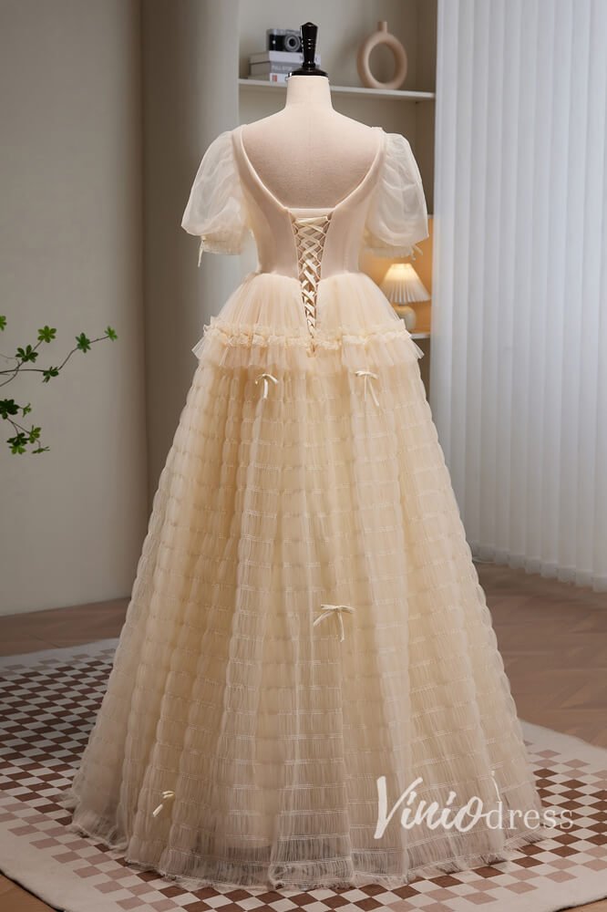 Champagne Pleated Tulle Prom Dresses with Puffed Sleeve AD1045-prom dresses 2025 -Viniodress-Champagne-Custom Size-