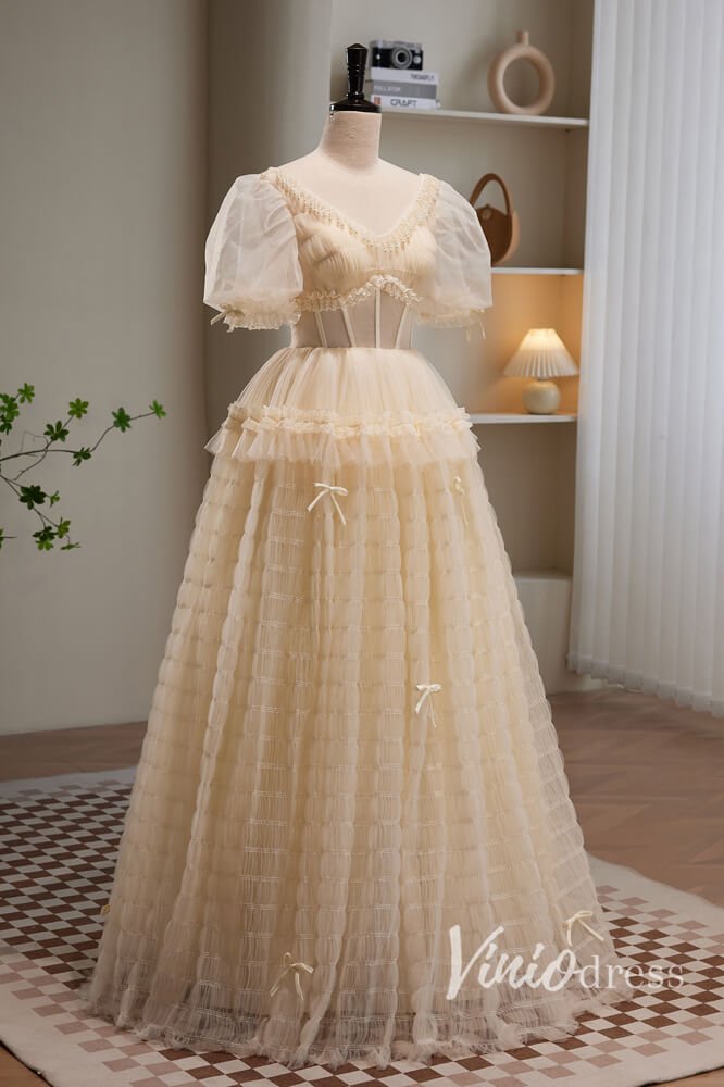 Champagne Pleated Tulle Prom Dresses with Puffed Sleeve AD1045-prom dresses 2025 -Viniodress-Champagne-Custom Size-