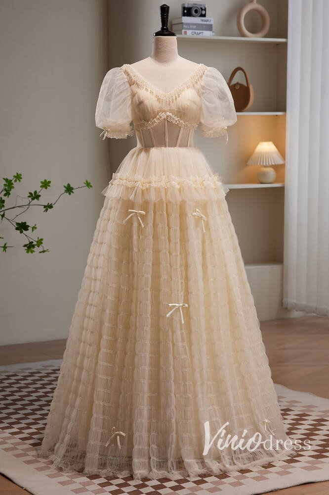 Champagne Pleated Tulle Prom Dresses with Puffed Sleeve AD1045-prom dresses 2025 -Viniodress-Champagne-Custom Size-